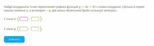 Найди координаты точек пересечения графика функций y=4x+81 с осями координат. (Запиши в первое окошк