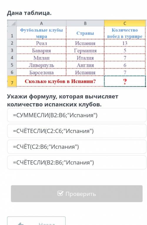 Анализ данных на основе имеющейся информации Дана таблица. с 1 2 A B футбольные клубы Страны мира. Р