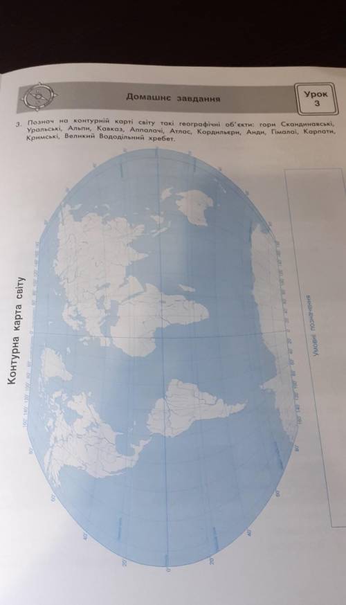 познач на контурній карті світу такі географічні об'єкти: гори Скандинавські, Уральські, Альпи, Кавк