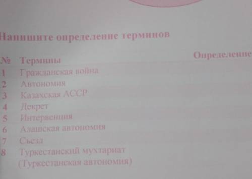 3. Напишите определение терминов Определение Ne Термины Гражданская война 2 Автономия 3 Казахская АС