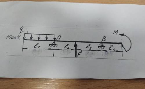 . Задача по нахождению опоры балок и момента. Дано задачи: F=5kH M=10kHm q= 18kH/M l1=1.2m l2=1.5m l