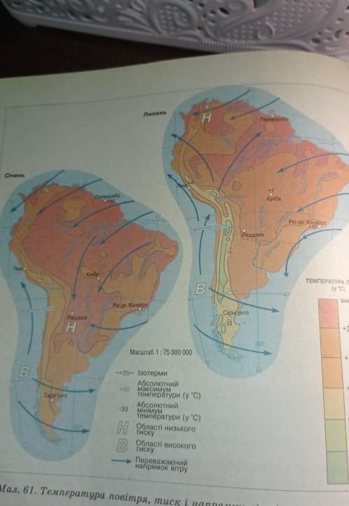 За малюнком 61 визначте середні січневі та липневі температури повітря в різних частинах материка,об