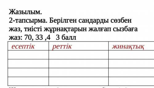 Жазылым. 2-тапсырма. Берілген сандарды сөзбен жаз, тиісті жұрнақтарын жалғап сызбаға жаз: 70, 33 ,4