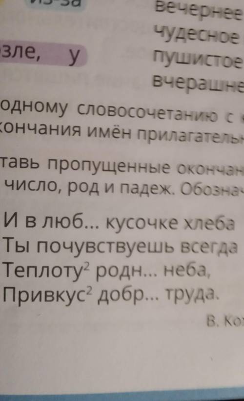 Спиши.Вставь пропущенные окончания имён прилагательных.Укажи их число род и падеж.Обознпчь окончания