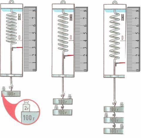 На рисунках показаны три последовательных состояния пружины динамометра, растянувшейся под действием