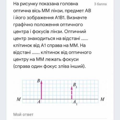 На рисунку показана головна оптична вісь ММ лінзи, предмет АВ і його зображення А1В1. Визначте графі