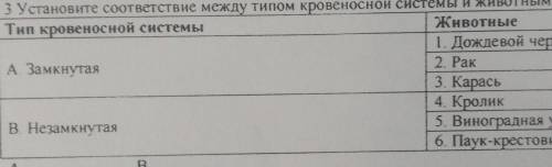 3 Установите соответствие между типом кровеносной системы и животными (2) Тип кровеносной системы Жи