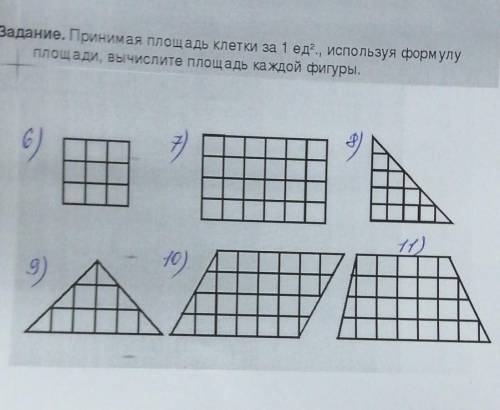 Задание. Принимая площадь клетки за 1 ед., используя формулу площади, вычислите площадь каждой фигур