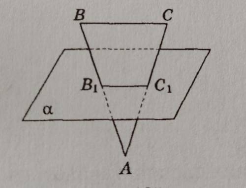 5. Площина а перетинає сторони AB і AC трикутника ABC вiдповiдно в точках B_{1} C_{1} B*C_{5} а (рис