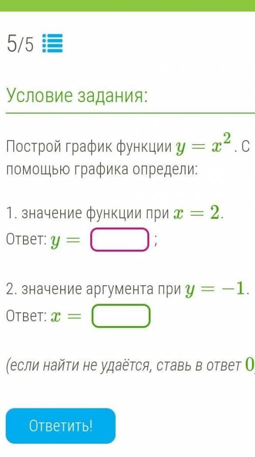 Построй график функции y=x2. С графика определи:   1. значение функции при x=2. ответ: y=;   2. знач