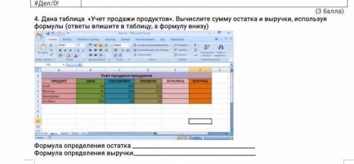 4. Дана таблица «Учет продажи продуктов». Вычислите сумму остатка и выручки, используя формулы (отве