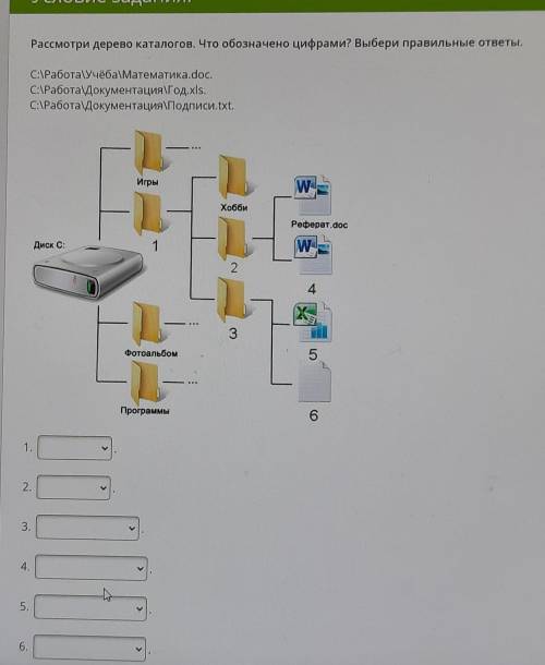 Условие задания: Рассмотри дерево каталогов. Что обозначено цифрами? Выбери правильные ответы. С\Раб