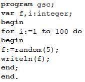 Какой диапазон случайных чисел может быть присвоен переменной f? от 1 до 4 от 1 до 5 от 0 до 5 от 0