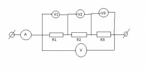 Вольтметр V1 показує напругу 8 В. Опір першого провідника R1= 8 Ом, другого R2 = 4 Ом, третього R3 =