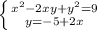 \left \{ {{x^2-2xy + y^2 = 9} \atop {y = -5+2x}} \right.