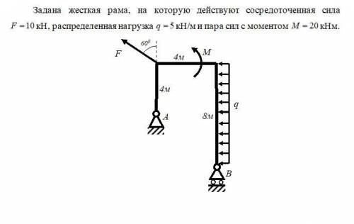 Задана жесткая рама, на которую действуют сосредоточенная сила F=10 кН, распределенная нагрузка q =