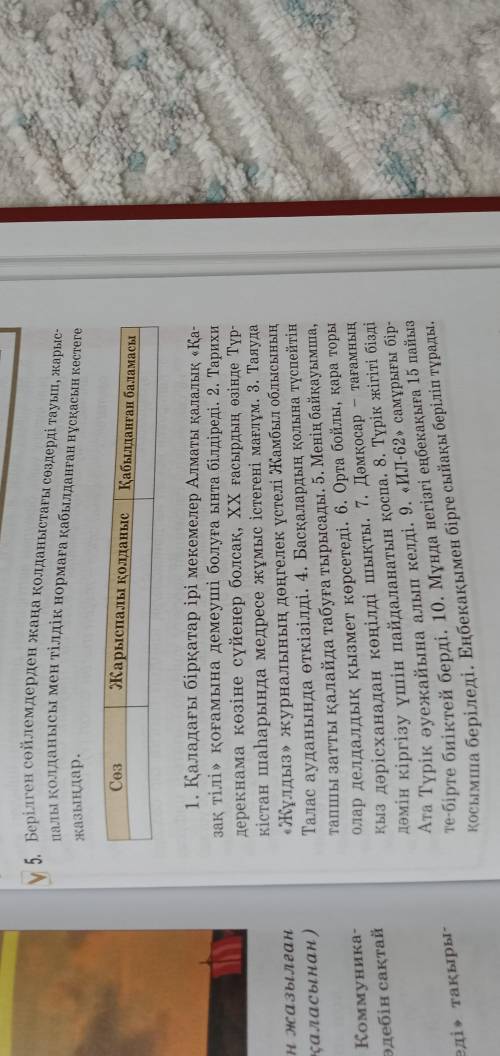 5. Берілген сөйлемдерден жана колданыстагы сөздерді тауып, жарыс палы колданысы мен тiлдiк нормага к