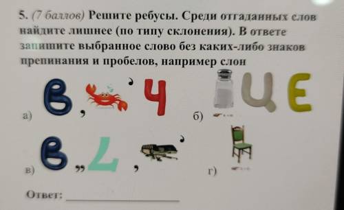 5. ( ) Решите ребусы. Среди отгаданных слов найдите лишнее (по типу склонения). В ответе запишите вы