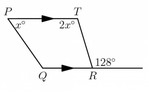 In the diagram, PT is parallel to QR. What is the measure of angle PQR in degrees?