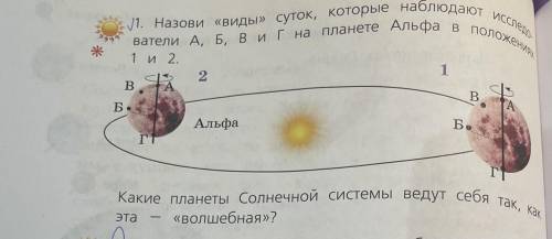 1. Назови «Виды» суток, которые наблюдают ИССледо- | ватели А, Б, В, Г планете Альфа в положениях 1