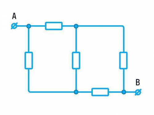 Между точками A и B включены пять одинаковых резисторов, соединённых между собой так, как показано н