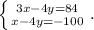 \left \{ {{3x-4y=84} \atop {x-4y=-100}} \right. .