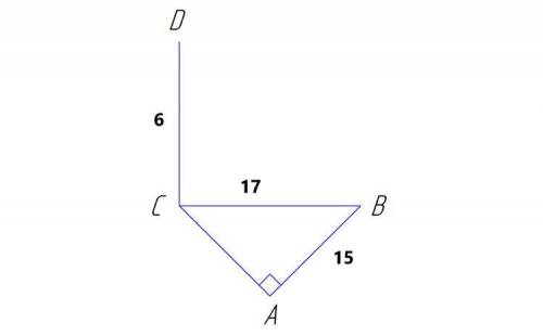 В треугольнике ABC∠A=90∘, AB=15, CB=17. Отрезок CD перпендикулярен плоскости ABC и равен 6. Найдите