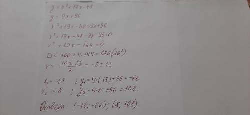 Найди координаты точек пересечения параболы y=x²+19x-48 и прямой y=9x+96