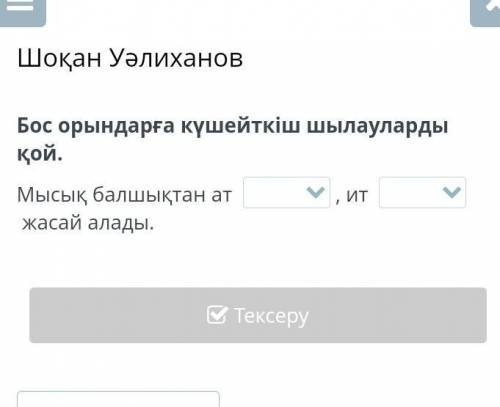 Шоқан Уәлиханов Бос орындарға күшейткіш шылауларды қой. Мысық балшықтан ат... , ит...  жасай алады.