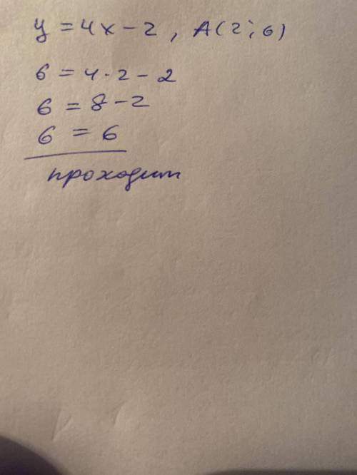 Чи проходить графік функції y=4x-2 через дану точку А(2;6)?