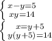 \left \{ {{x-y=5} \atop {xy=14}} \right. \\&#10;\left \{ {{x=y+5} \atop {y(y+5)=14}} \right.