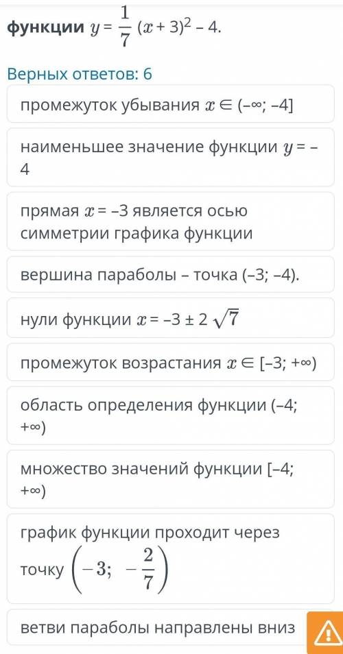 выбери верные утверждения для функции y=1/7(x+3)²-4