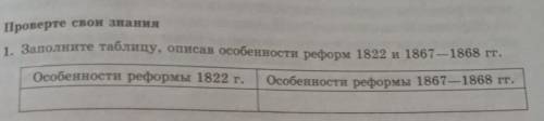 1) Заполните таблицу, описав особенности реформ 1822 и 1867-1868 гг. История Казахстана если что