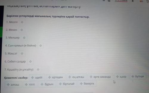 Берілген үстеулерді мағыналық түрлеріне қарай топтастыр. 1. Мезгіл 2. Мекен 3. Мөлшер 4. Сын-қимыл (