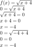 f(x) = \sqrt{x + 4} \\ 0 = \sqrt{x + 4} \\ \sqrt{x + 4} = 0 \\ x + 4 = 0 \\ x = - 4 \\ 0 = \sqrt{ - 4 + 4} \\ 0 = 0 \\ x = - 4