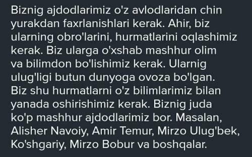 244-mashq. Uyga vazifa. Ulug' ajdodlarga munosib avlod bo'laylik Ogahiy mavzusida 10-12 gapdan ibo