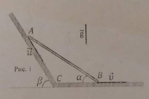 Жёсткий стержень AB скользит вниз вдоль наклонной стенки AС образующей с горизонтом угол 67 градусов