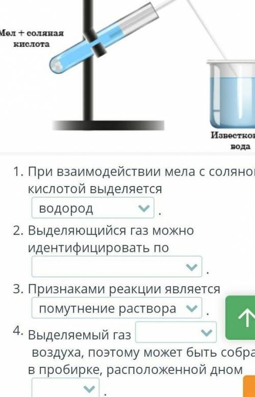 На рисунке представлена схема взаимодействия разбавленной кислоты с мелом. Опираясь на схему, законч