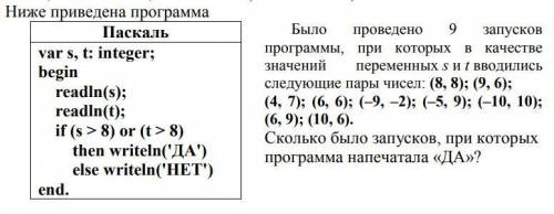 Было проведено 9 запусков программы, при которых в качестве значений переменных s и t вводились след