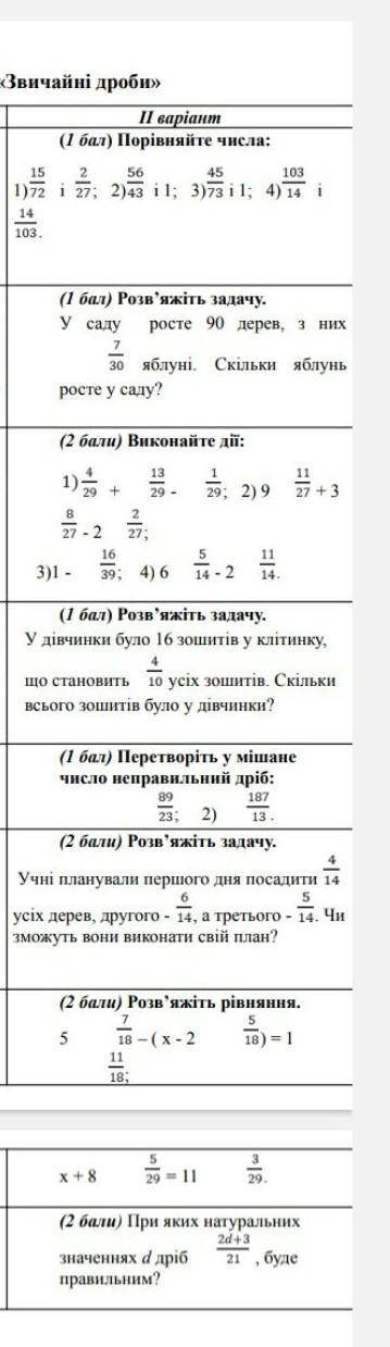 Математика 5 клас контрольна робота звичайні дроби