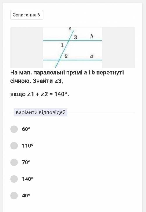 На мал. паралельні прямі a і b перетнуті січною. Знайти ∠3,якщо ∠1 + ∠2 = 140º.