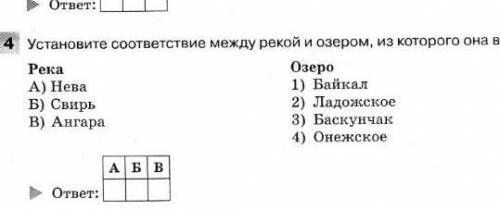 4 Установите соответствие между рекой и озером, из которого она вытекает. Река Озеро A) Нева 1) Байк