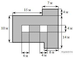 На ри­сун­ке изоб­ра­жен план зе­мель­но­го участ­ка. Най­ди­те пло­щадь за­штри­хо­ван­ной по­верх­