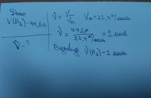 Обчисліть кількість речовини 44,8 л водню