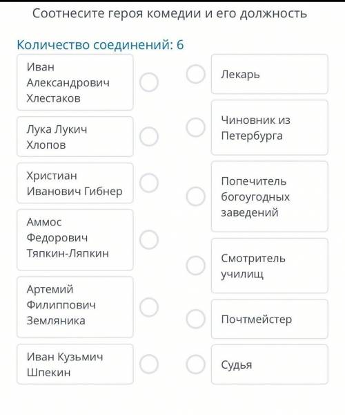 Соотнесите героя комедии и его должность Количество соединений: 6 Иван Александрович Лекарь Хлестако