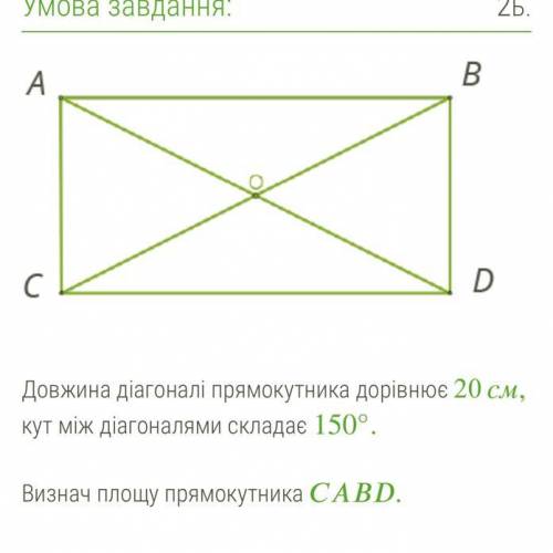 Довжина діагоналі прямокутника дорівнює 20 см, кут між діагоналями складає 150°.