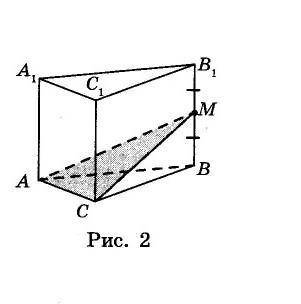 У якому відношенні переріз AMC ділить об'єм призми ABCA1B1C1 на рис. 2 , якщо точка M середина ребра