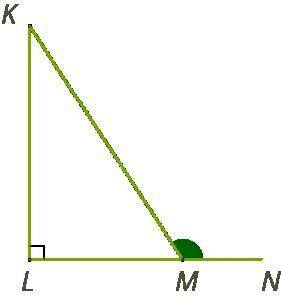 Маємо прямокутний трикутник LKM і зовнішній кут ∠M. Визнач величини гострих кутів даного трикутника,