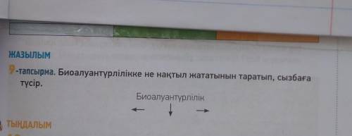 9-тапсырма. Биоалуантүрлілікке не нақтыл жататынын таратып, сызбаға түсір. ←Биоалуантүрлілік→ ↓