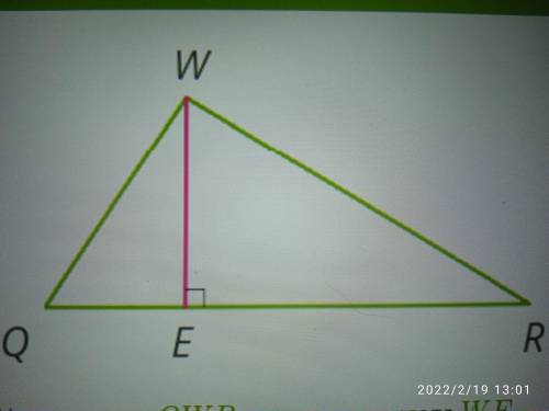 У трикутнику QWR проведена висота WE. Відомо, що WQR=32 і QWR=97. Визначити кути трикутника EWR